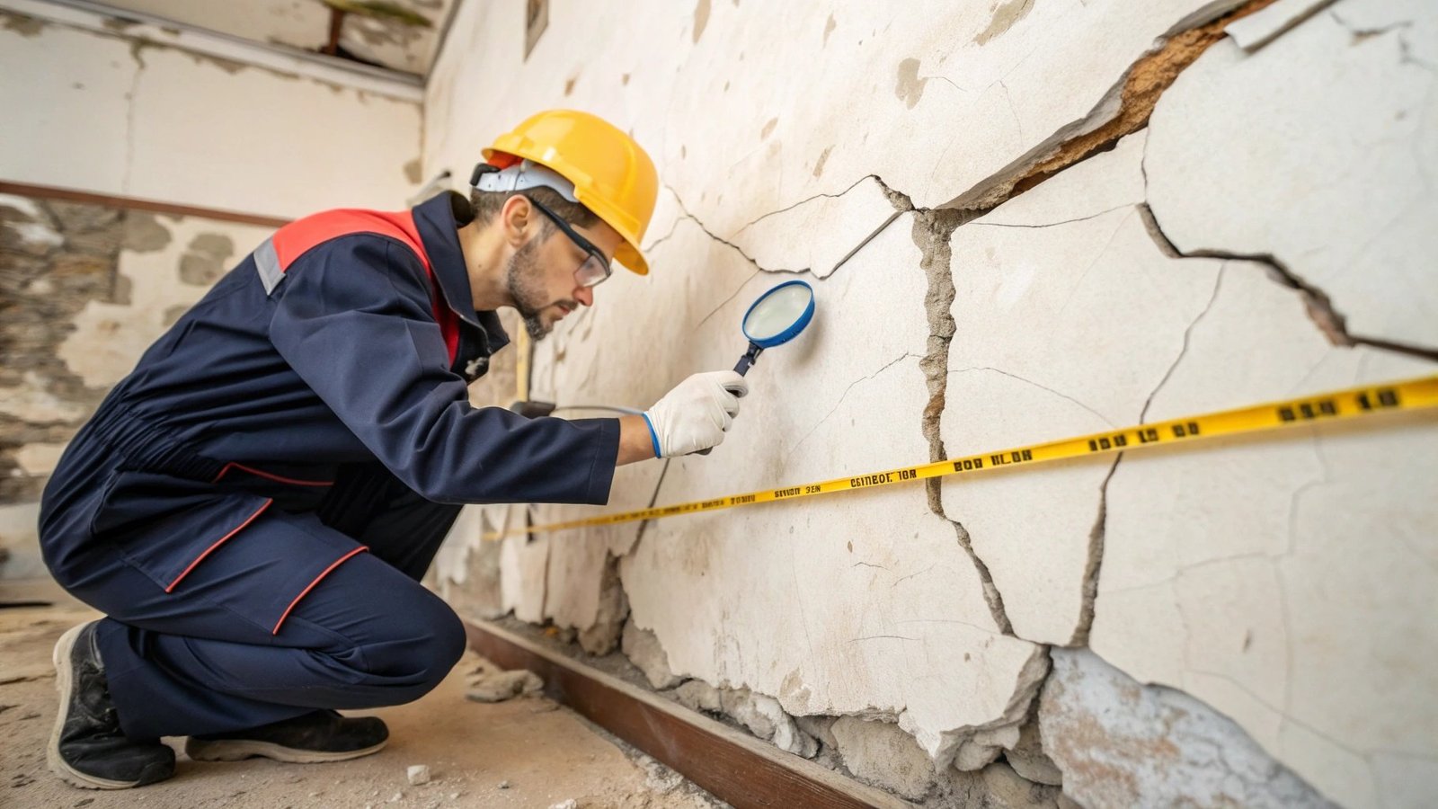 Surveyor inspecting structural cracks in property